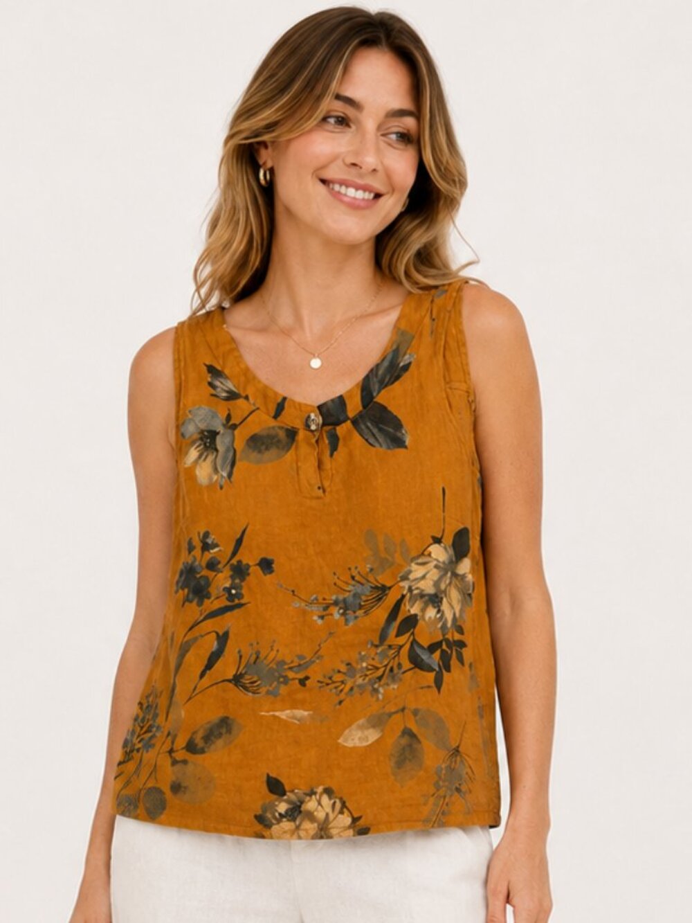 Linen Luv Made in Italy 100% Linen Floral Tank Top
